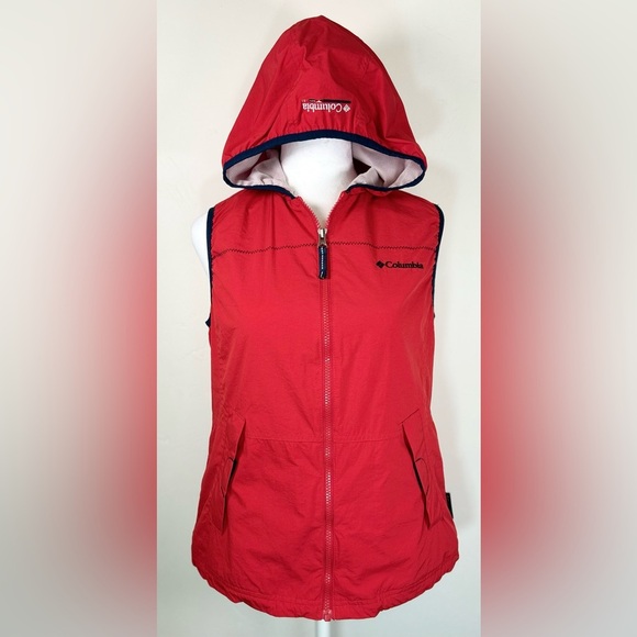 Columbia Women’s Red Hooded Vest Size Small – Outdoor Hiking Utility Zip Pockets - Picture 1 of 11